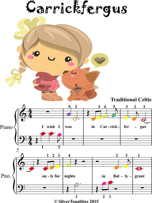 Cover image for Carrickfergus Beginner Piano Sheet Music with Colored Notes